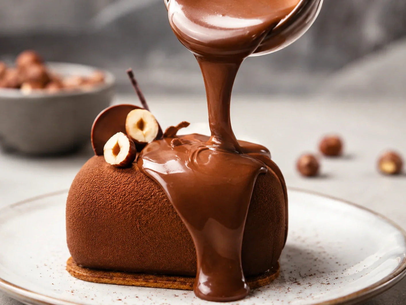 ALT : Sauce chocolat-noisette brillante réalisée avec de la lécithine de tournesol